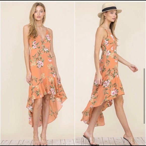 Apricot pink peach women’s summer high low dress - Picture 4 of 4